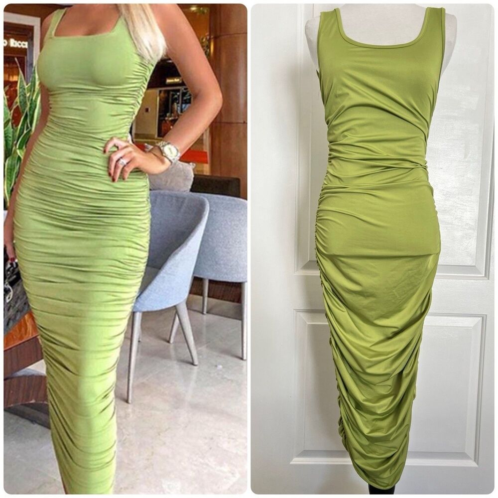 Los Angeles Boutique Bodycon Ruched Sleeveless Fitted Sexy Stretch Midi Dress M.